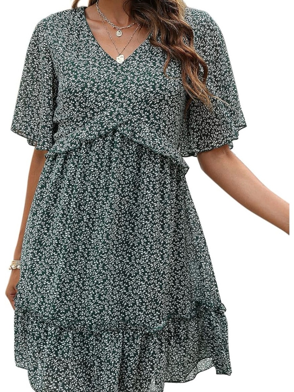 Floral V-Neck Ruffle Boho Short Sleeve Dress in Dark Green
